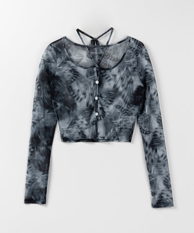 【 ３color ／ ２WAY 】クロスストラップリボンシアーショートカーディガン ／ cross strap ribbon sheer short cardigan