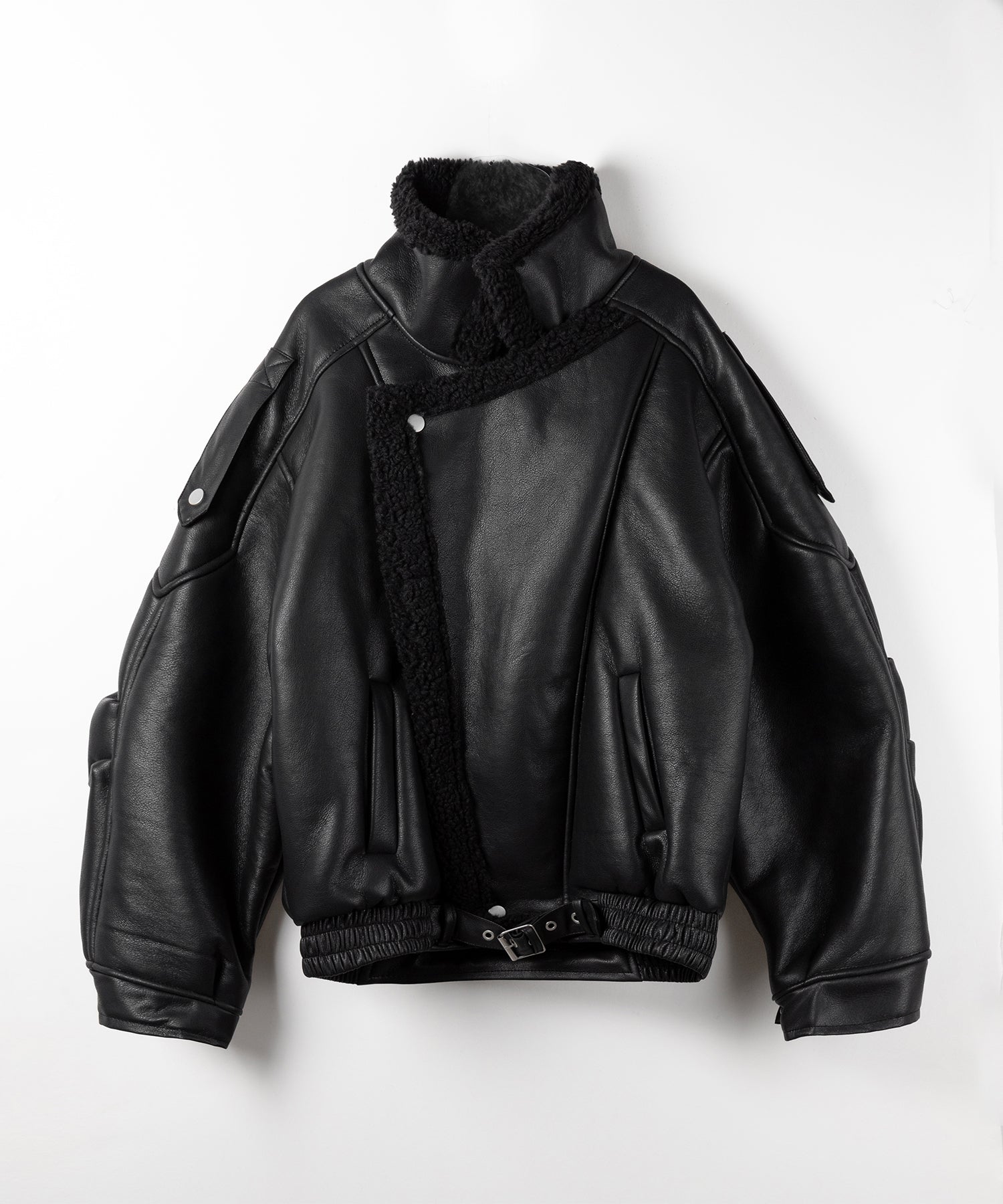 【 ２color 】フェイクレザーベルテッドボアムートンジャケット ／ fake leather belted boa mouton jacket