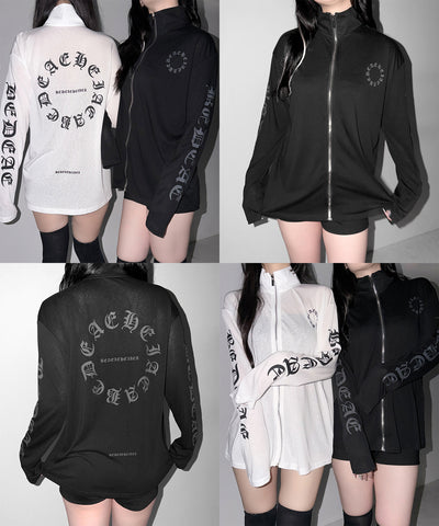 グランジロゴスタンドジップアップオーバーシアートップス ／ grunge logo stand zipup over sheer tops