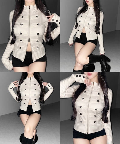 ナポレオンジップアップスリムリブニットカーディガン ／ Napoleon zipup slim rib knit cardigan