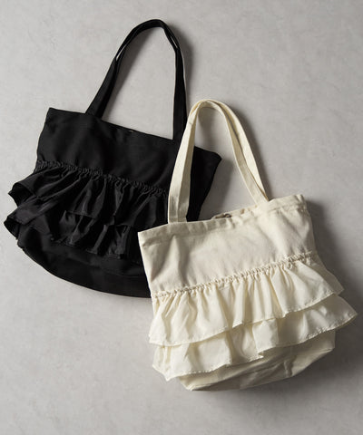 【 ２color 】ティアードフリルBIGキャンバストートバッグ ／ tiered frill big canvas tote bag