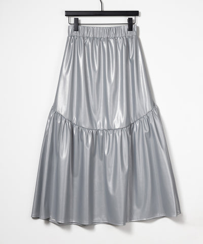 【 ２color 】メタリックフェイクレザーギャザーフレアスカート ／ metallic fake leather gather flare skirt