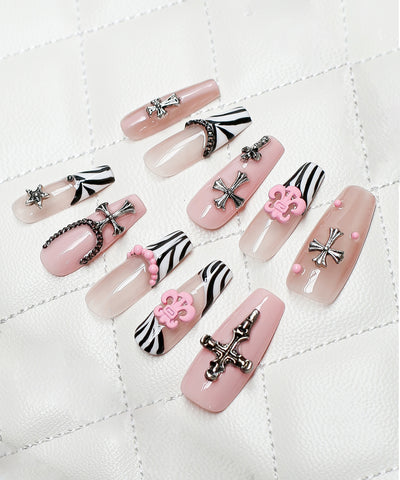 ピンクゼブラフレンチクロスチェーンネイルチップ／pink zebra french cross chain nail tips