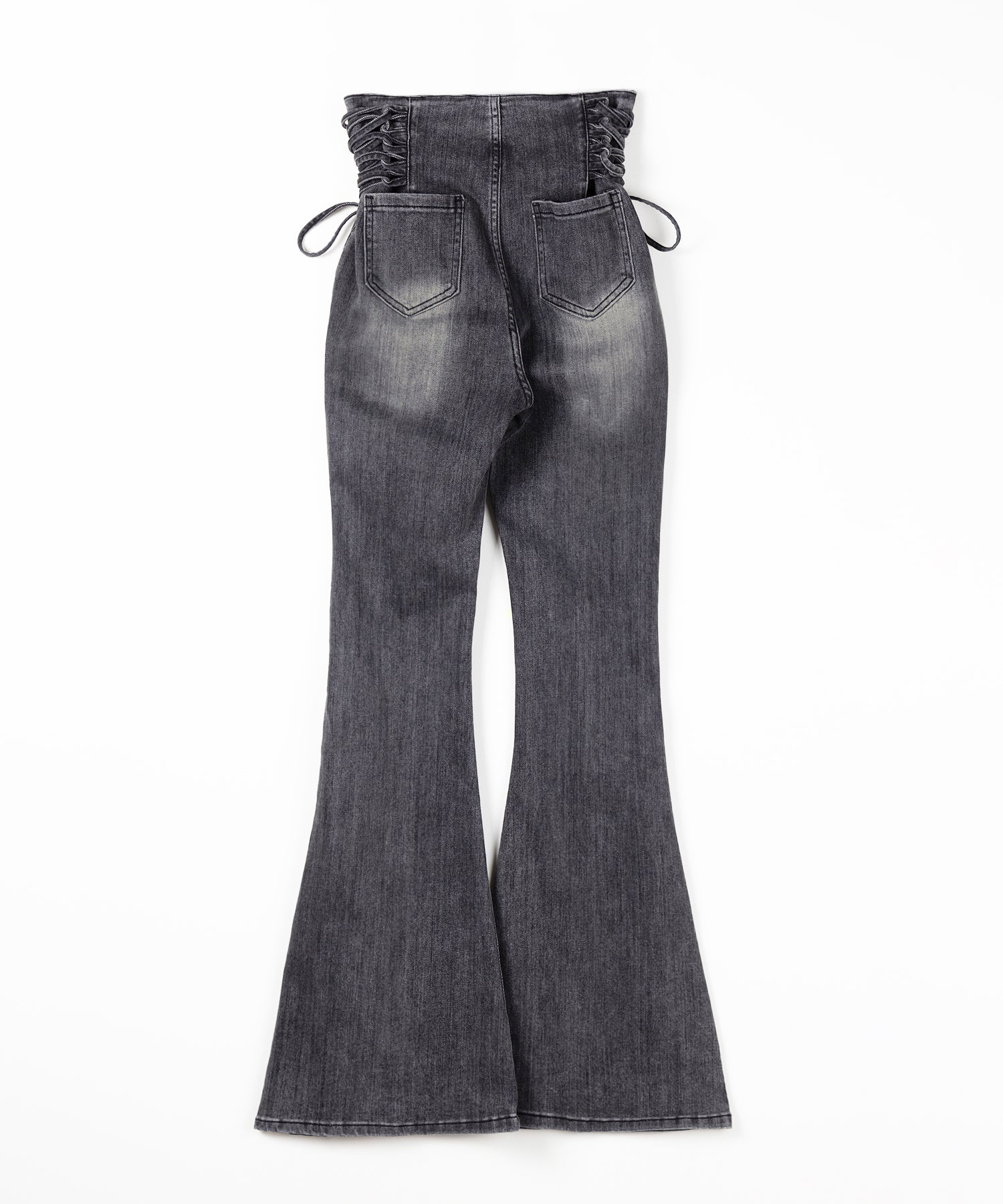 サイドレースアップリボン美脚ストレッチフレアデニム ／ side laceup ribbon slim leg stretch flare denim