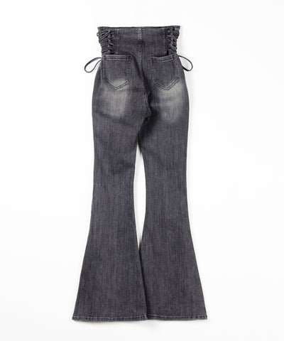 サイドレースアップリボン美脚ストレッチフレアデニム ／ side laceup ribbon slim leg stretch flare denim