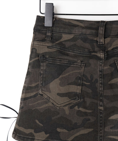 ヴィンテージカモフラレースアップデニムミニスカパン ／ vintage camouflage lace up denim mini skirt pants