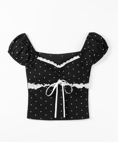 ドットレースリボンギャザーオフショルトップス ／ dot lace ribbon gathered off shoulder tops