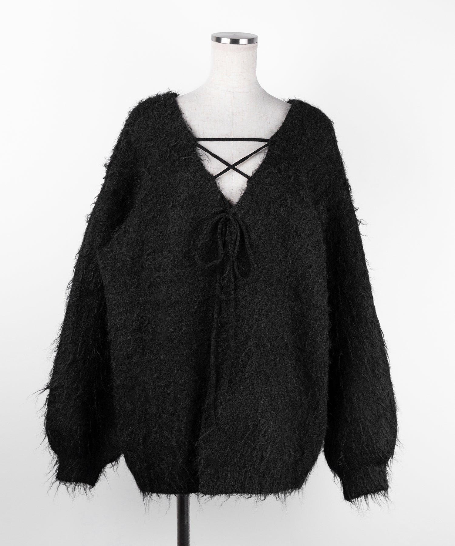 レースアップリボンオーバーシャギーニットカーディガン ／ lace up ribbon over shaggy knit cardigan