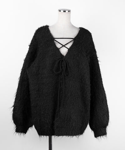 レースアップリボンオーバーシャギーニットカーディガン ／ lace up ribbon over shaggy knit cardigan