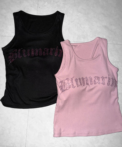 ラインストーンロゴリブタンクトップ／Rhinestone logo ribbed tank top