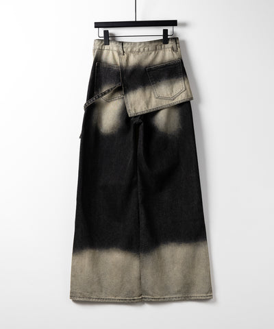 【 ２color ／４size 】ラップレイヤードバイカラーブリーチワイドデニム ／ wrap layered bicolor bleach wide denim