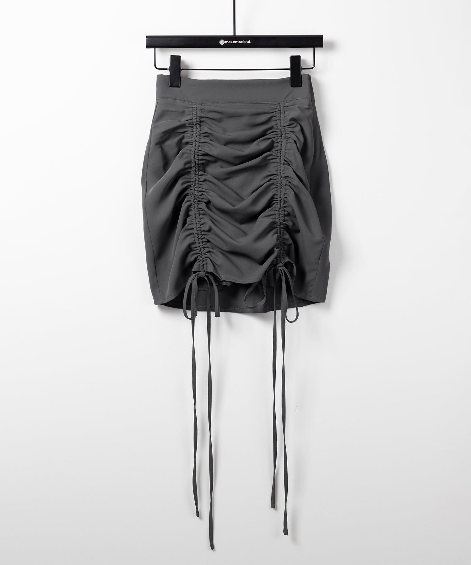 【 インパン裏地付 ／ セルフカット調節可能 】 ストラップダブルリボンシャーリングミニスカート ／ strap double ribbon shirring mini skirt