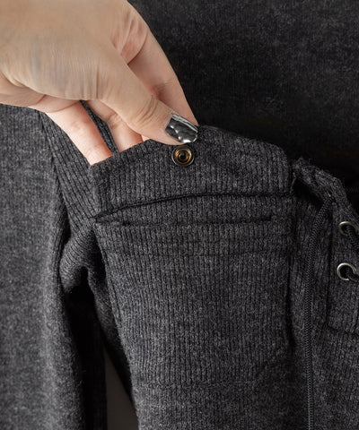 レースアップアウトポケットスリムリブトップス ／ lace up out pocket slim ribbed tops