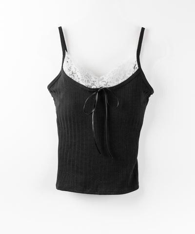 【 ３color ／ カップ付き 】フロントリボンレースドッキングキャミソール ／front ribbon lace docking camisole