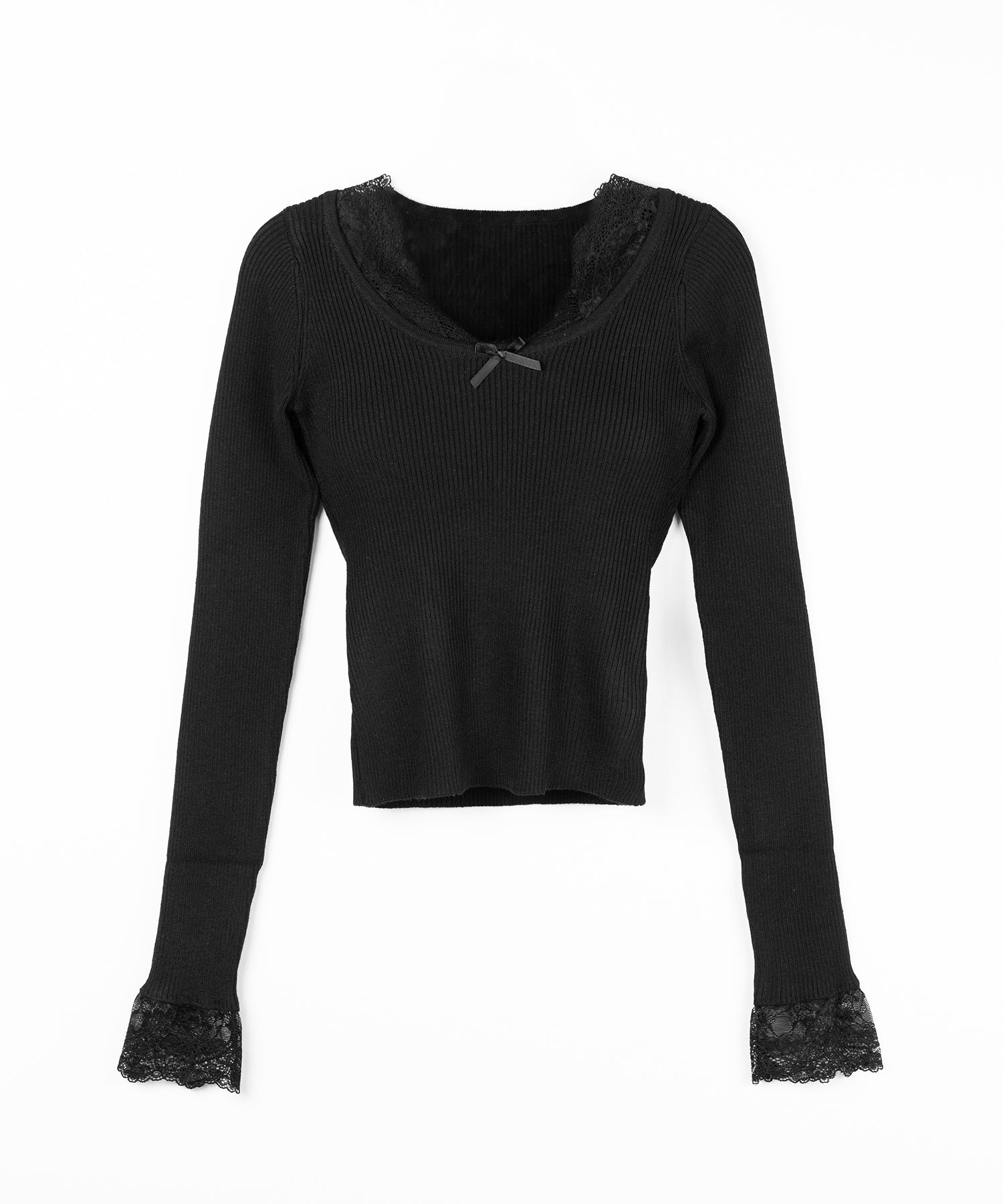 フロントリボンレース切替リブニットトップス ／ front ribbon lace switching ribbed knit tops