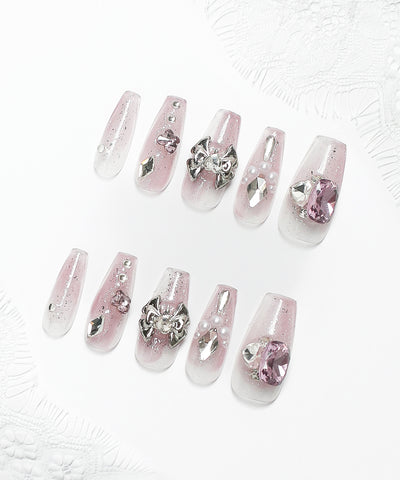 ビジューリボンピンクラメグラデワンホンガーリーネイルチップ／bijou ribbon pink glitter gradation wanghong girly nail tips