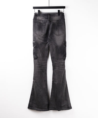 カーゴデザインヴィンテージライクダメージストレッチフレアデニム ／ cargo design vintage-like damage stretch flare denim