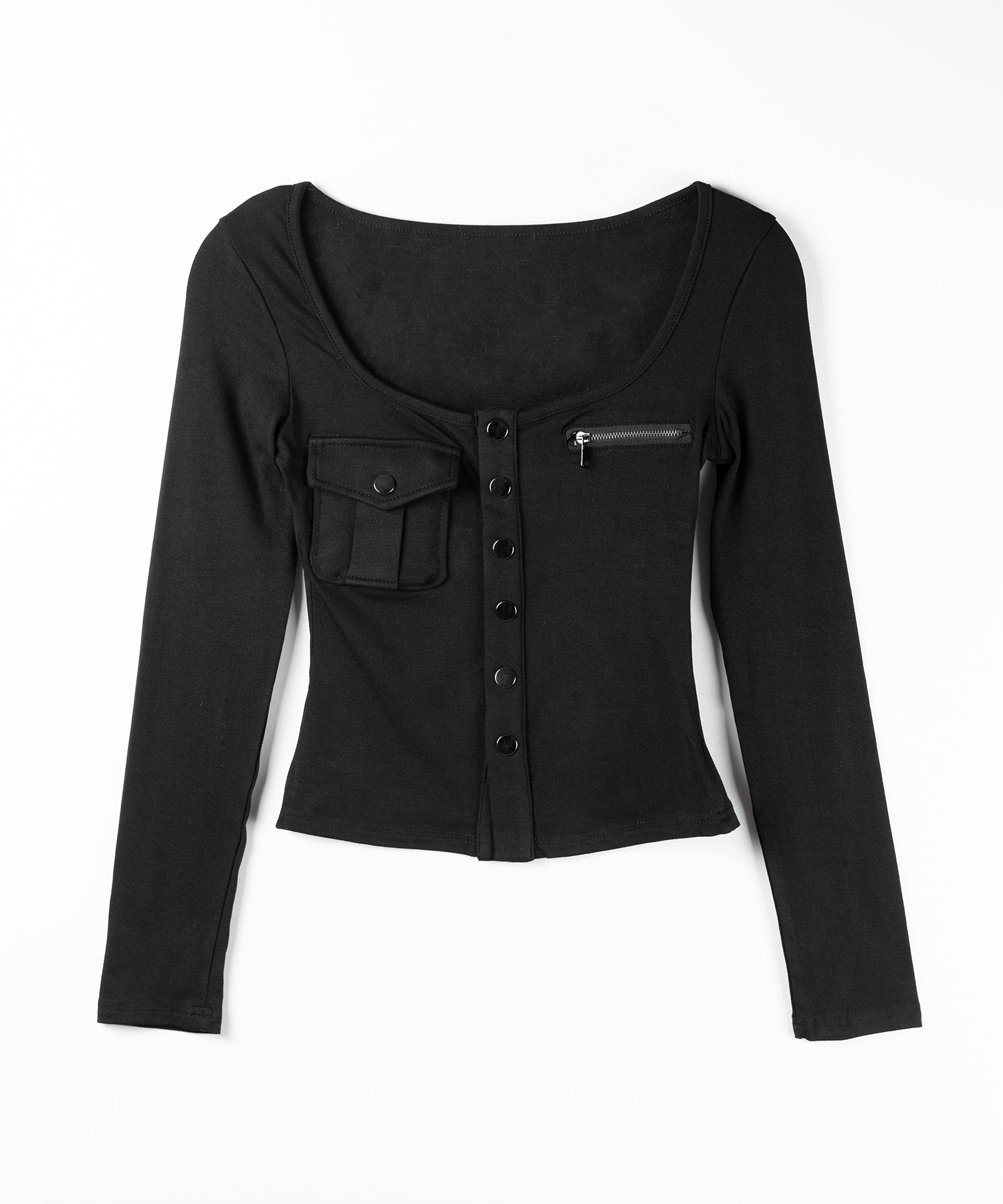 アウトポケットスクエアネック長袖スリムTシャツ ／Out pocket square neck long sleeve slim T-shirt