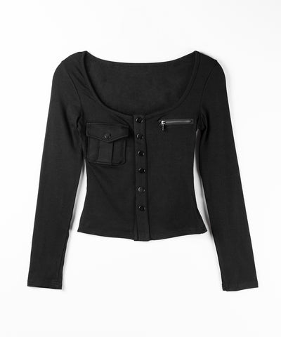 アウトポケットスクエアネック長袖スリムTシャツ ／Out pocket square neck long sleeve slim T-shirt