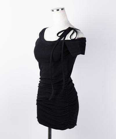 【 ２color ／ カップ付き 】ワンショルリボン半袖カットソーミニワンピ ／ one shoulder ribbon short sleeve cutsew mini onepiece
