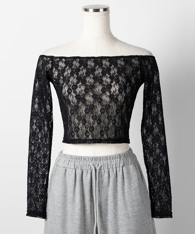 【 ２color 】オフショルショートレーストップス ／ off-shoulder short lace tops