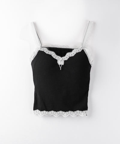 【 ３color 】バイカラーレースクロップドリブキャミソール ／ bicolor lace cropped rib camisole