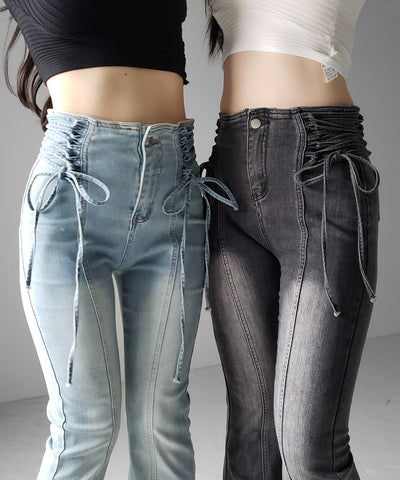 サイドレースアップリボン美脚ストレッチフレアデニム ／ side laceup ribbon slim leg stretch flare denim