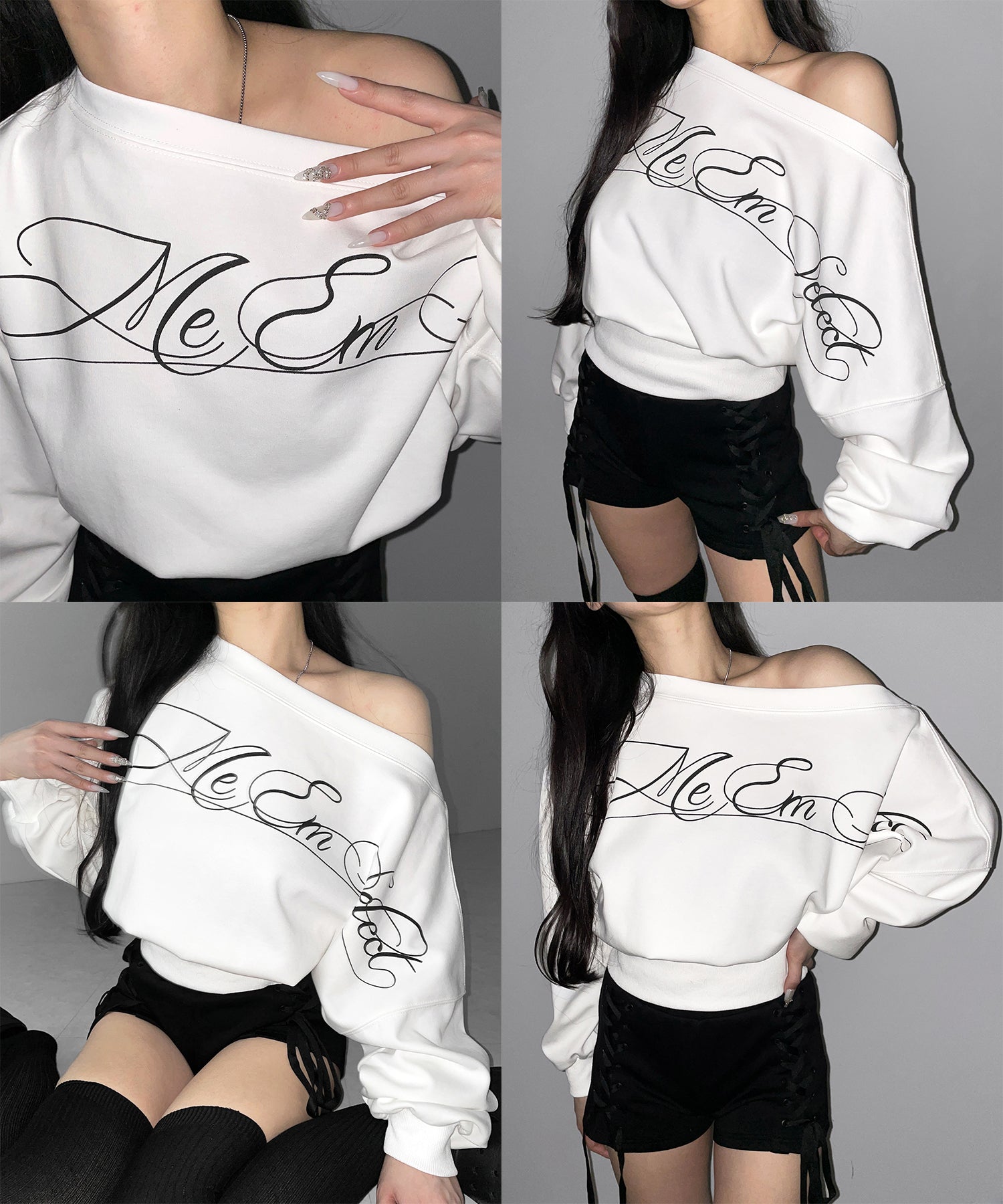 レタリングロゴワンショルショートスウェットライクトップス ／ lettering logo one-shoulder short sweatlike tops