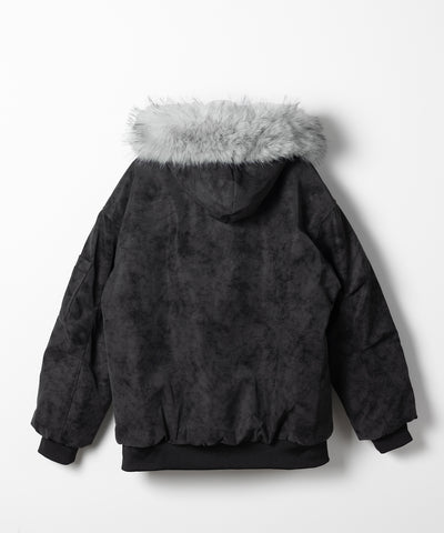 ファーフードヴィンテージフェイクレザーオーバーブルゾン ／ fur hooded vintage fake leather over blouson