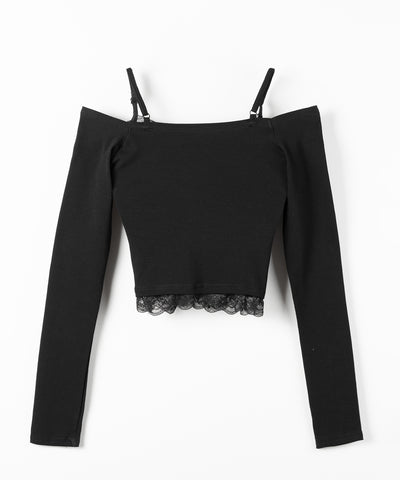レースレイヤードギャザーオフショル長袖Ｔシャツ ／ lace layered gather off-shoulder long-sleeved T-shirts