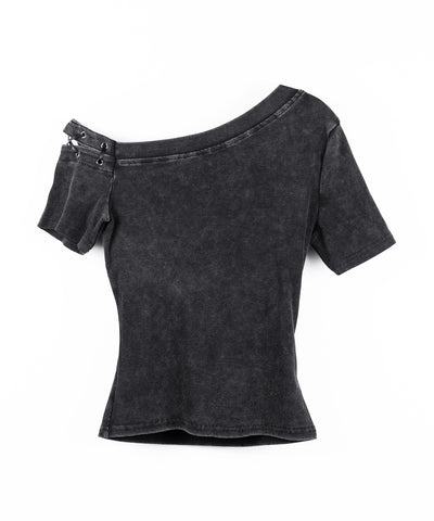 ヴィンテージカットアウトレースアップ半袖ワンショルリブトップス ／ vintage cutout laceup short sleeve one shoulder lib tops