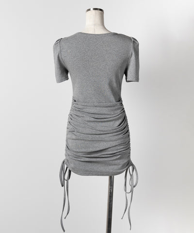 【 ２color 】シャーリングリボンヘンリーネックミニワンピース ／ shirring ribbon henley neck mini onepiece