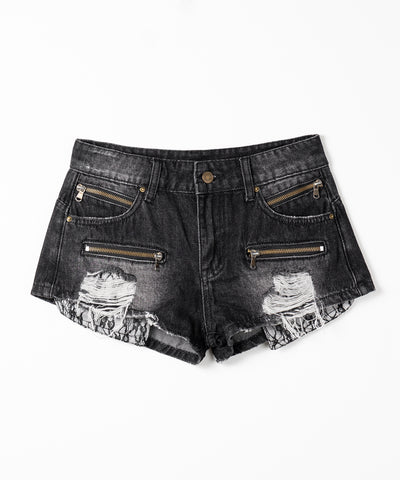 レースポケットダメージデニムマイクロショートパンツ／ lace pocket damage denim micro short pants