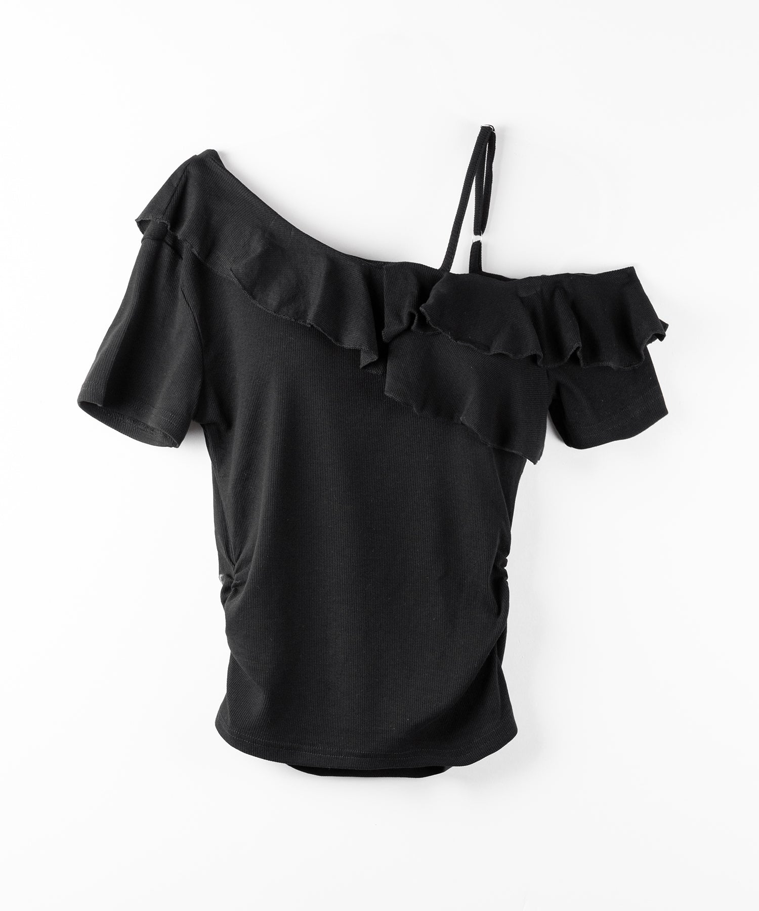 【 ３color 】ワンショルストラップフリルリブTシャツ ／ one shoulder strap frill ribbed T-shirt