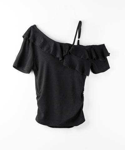 【 ３color 】ワンショルストラップフリルリブTシャツ ／ one shoulder strap frill ribbed T-shirt