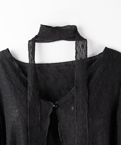 【 ２color ／ ２WAY 】チョーカーロングタイ付きショートシアーカーディガン ／ choker long tie set short sheer cardigan