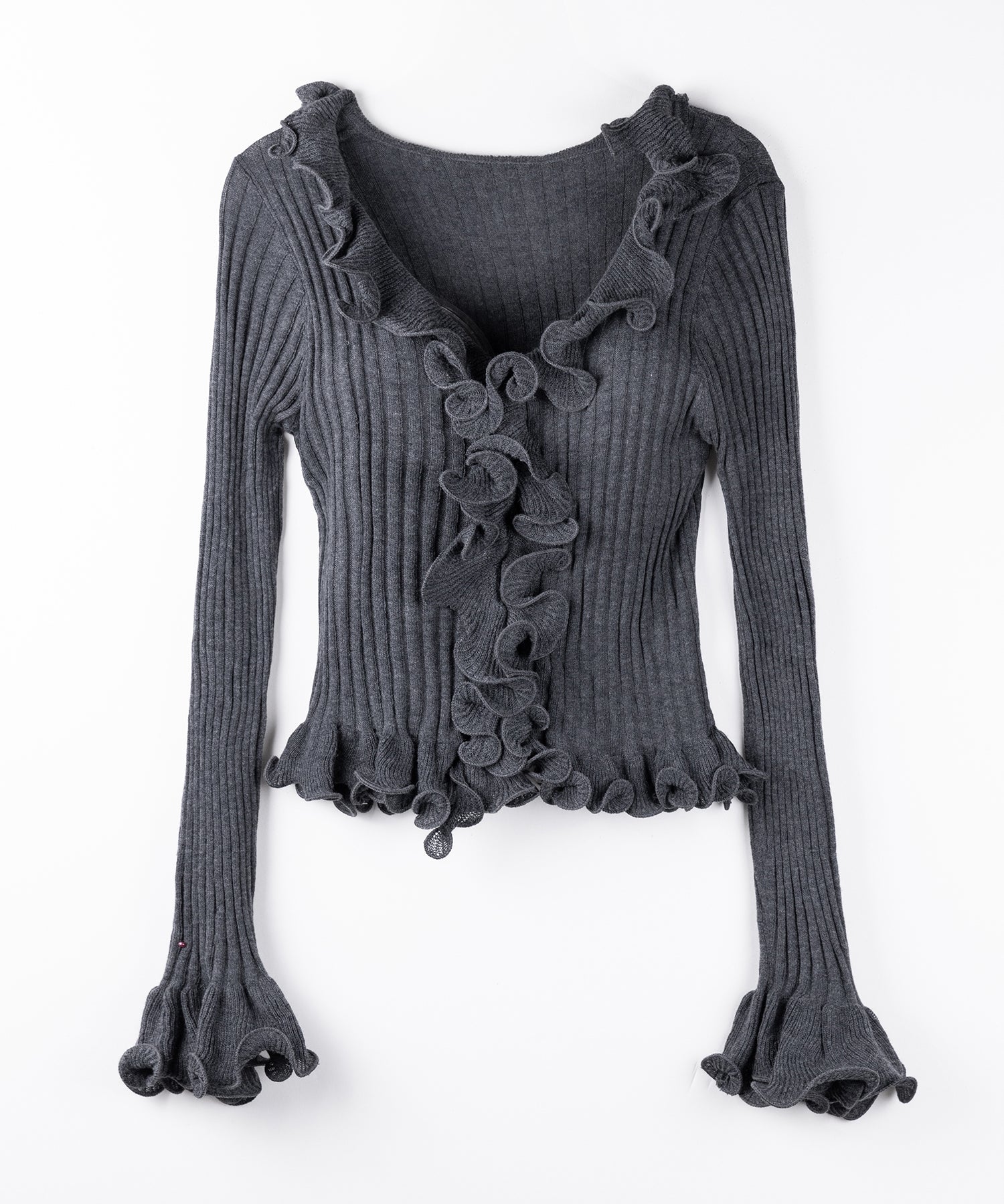 シアーフリル長袖リブニットカーディガン ／ sheer frill long-sleeve ribbed knit cardigan