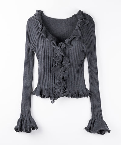 シアーフリル長袖リブニットカーディガン ／ sheer frill long-sleeve ribbed knit cardigan