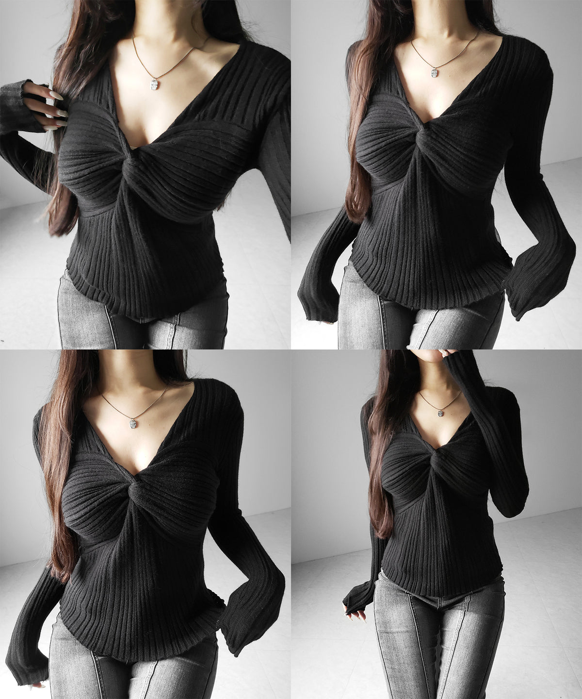 Ⅴネックツイストリブニットトップス ／ V-neck twisted rib knit tops