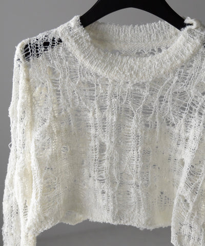【 ２color 】クラッシュダメージショートシアーニット ／ crush damage short sheer knit