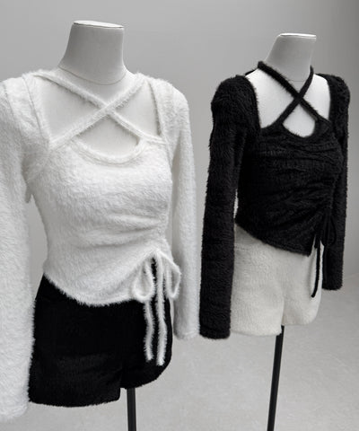 【 ３color 】クロスネックシャーリングリボンシャギートップス ／ cross neck shirring ribbon shaggy tops