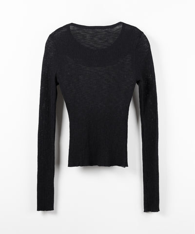 ヘンリーネックフェイクレイヤードロゴ長袖シアーニットトップス ／ henly neck fake layered logo longsleeve sheer rib knit tops