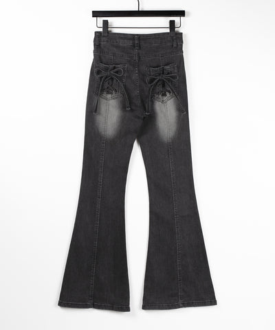 【４size 】バックリボンレースアップ美脚ストレッチフレアデニム ／ back ribbon lace up slim leg stretch flare denim
