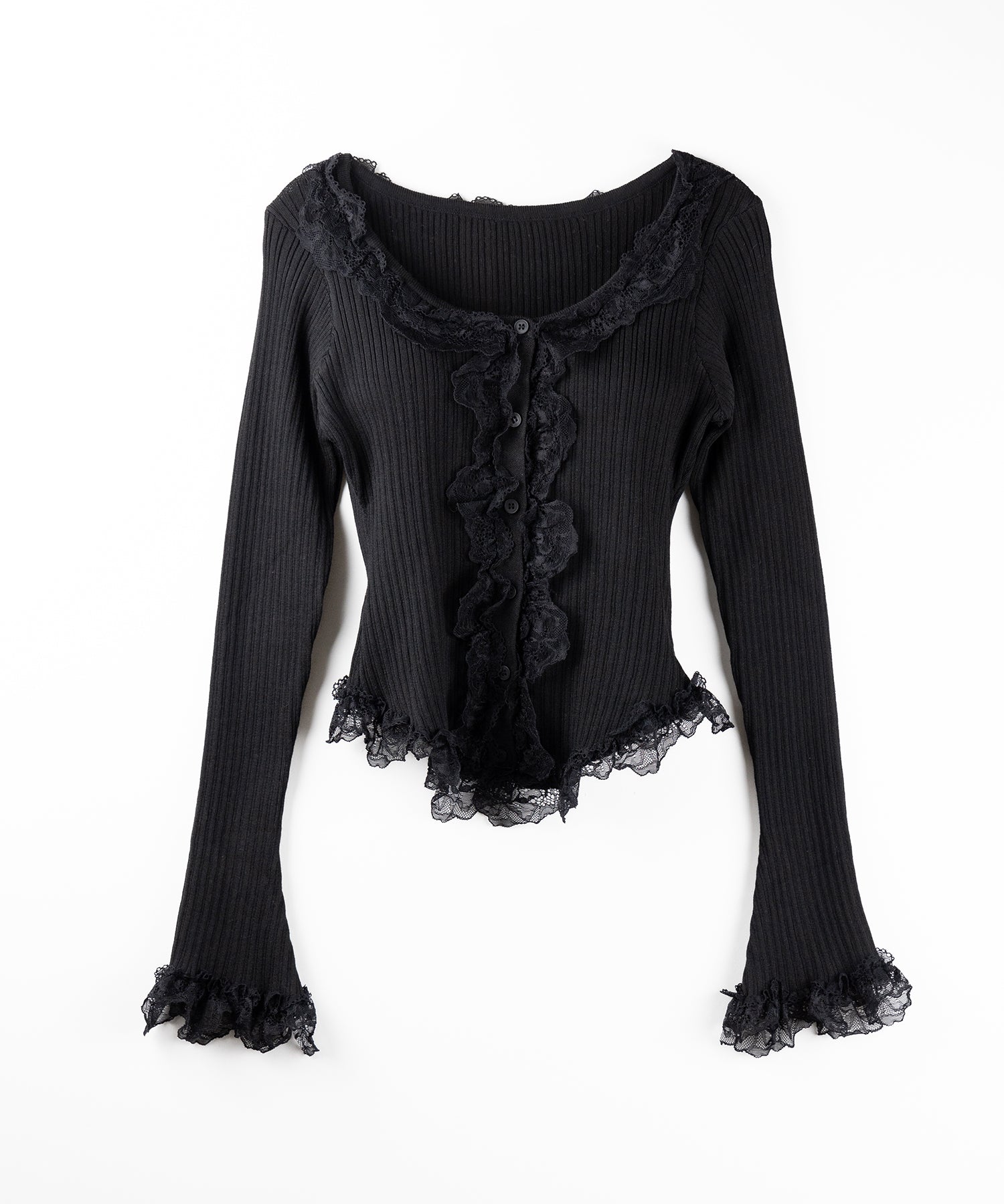【 ３color 】レースフリルドッキングリブニットカーディガン ／ lace frill docking rib knit cardigan