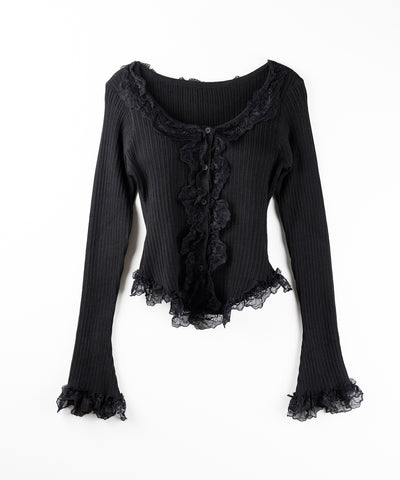 【 ３color 】レースフリルドッキングリブニットカーディガン ／ lace frill docking rib knit cardigan