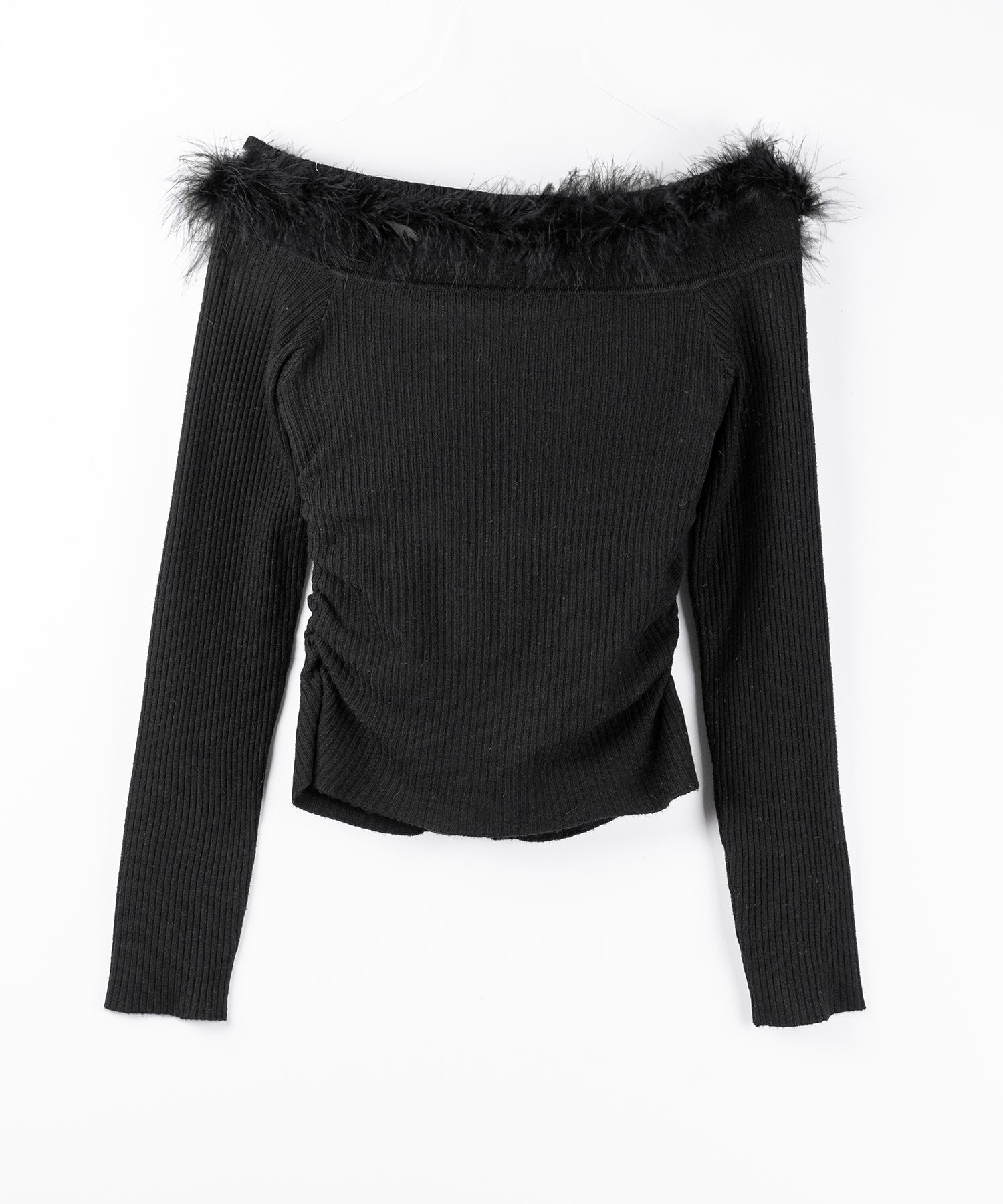 フェザーファー襟オフショルリブニットトップス ／feather fur collar off shoulder rib knit tops