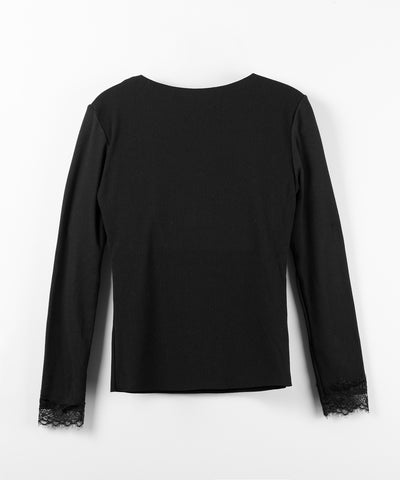 【 微起毛 】レーストリムタイトリブ長袖Ｔシャツ ／ lace trim tight rib long sleeve T-shirt