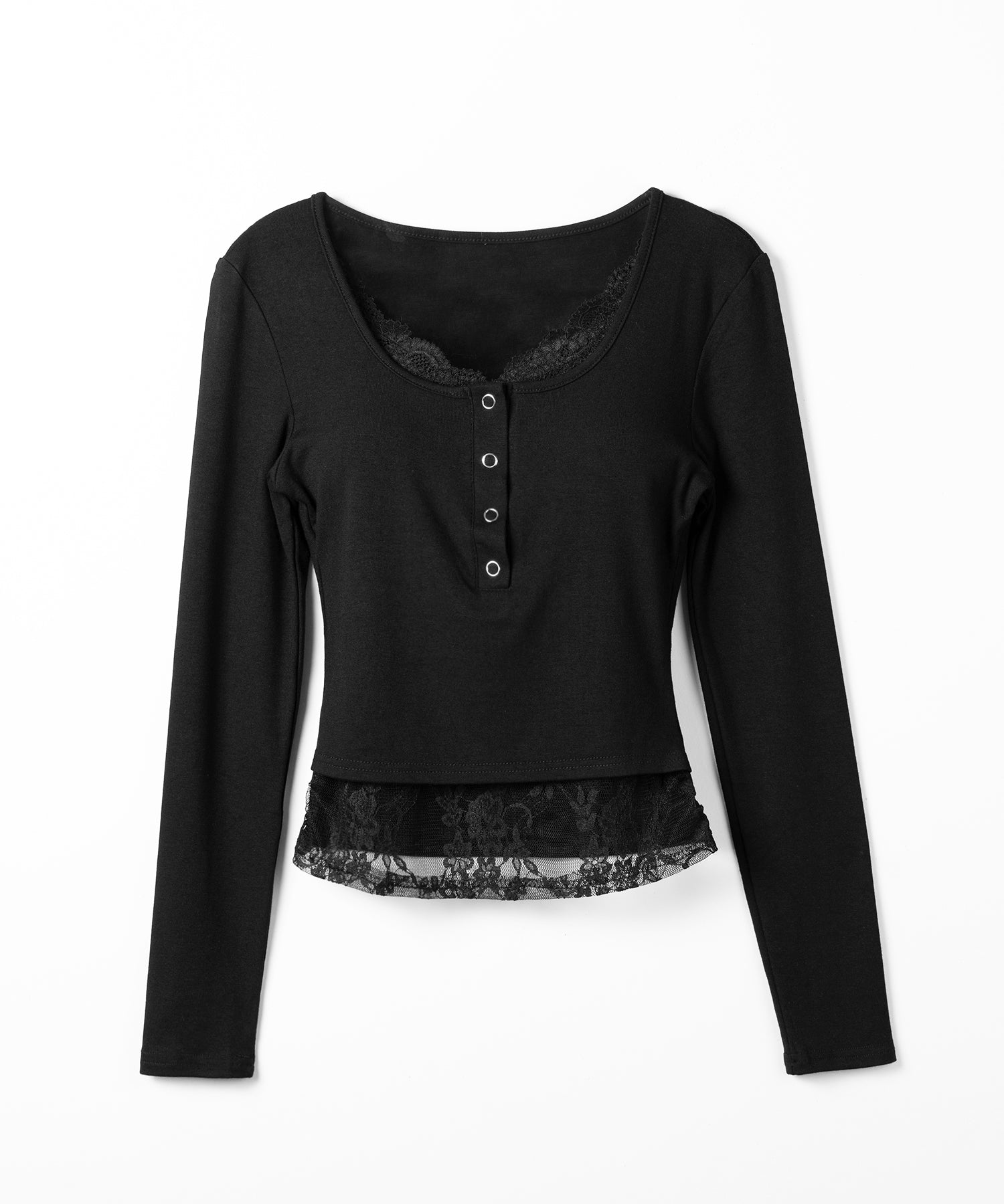 【 人気アイテムの長袖verが新登場！ 】レースレイヤードヘンリーネックスクエア長袖Ｔシャツ ／ lace layered henley neck square long sleeve T-shirt