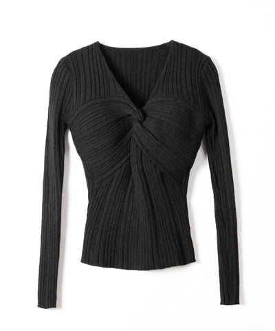 Ⅴネックツイストリブニットトップス ／ V-neck twisted rib knit tops
