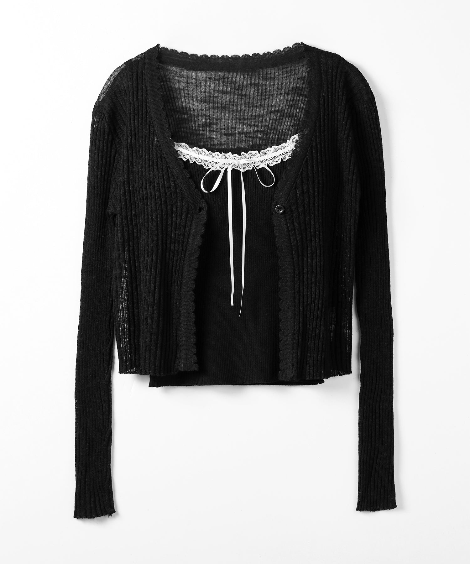【 ２点セット 】レースリボンニットキャミソール ＋ シアーリブニットカーディガン ／ lace ribbon knit camisole ＋ sheer lib knit cardigan